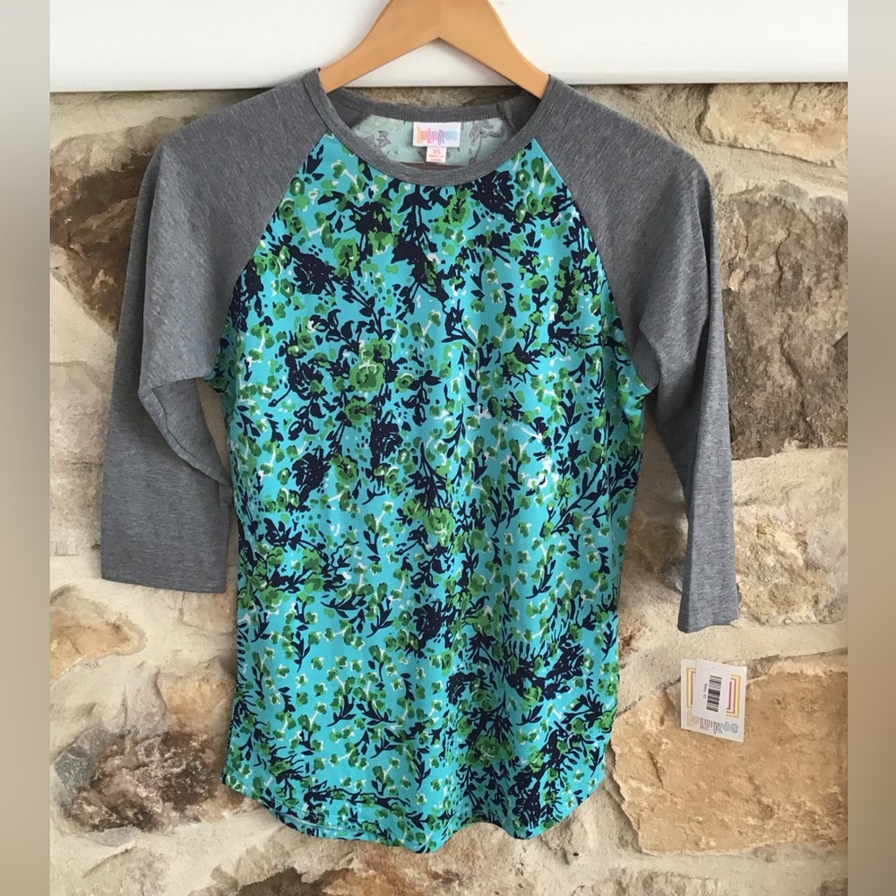 Lularoe Randy Floral Raglan Shirt - Blue and Gray